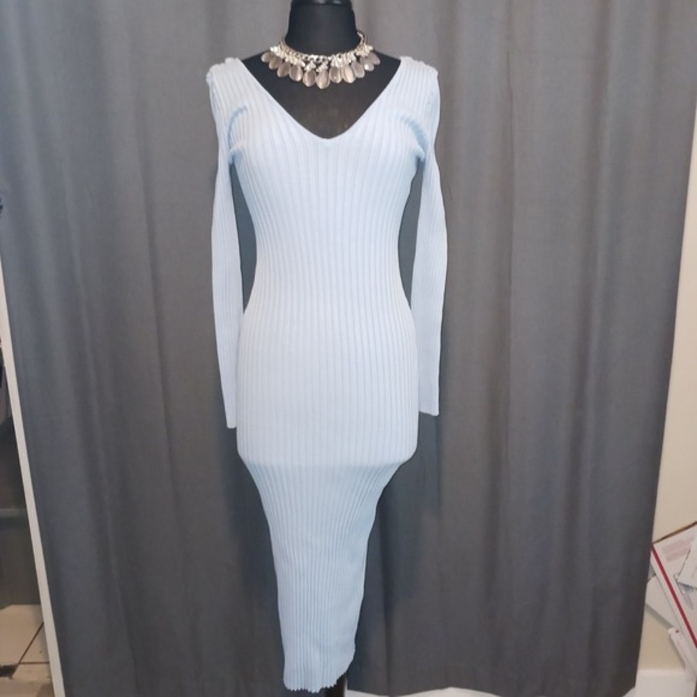 Fashion Nova Light Blue Ribbed‎ Long Sleeve Bodycon Maxi Dress Large & Necklace